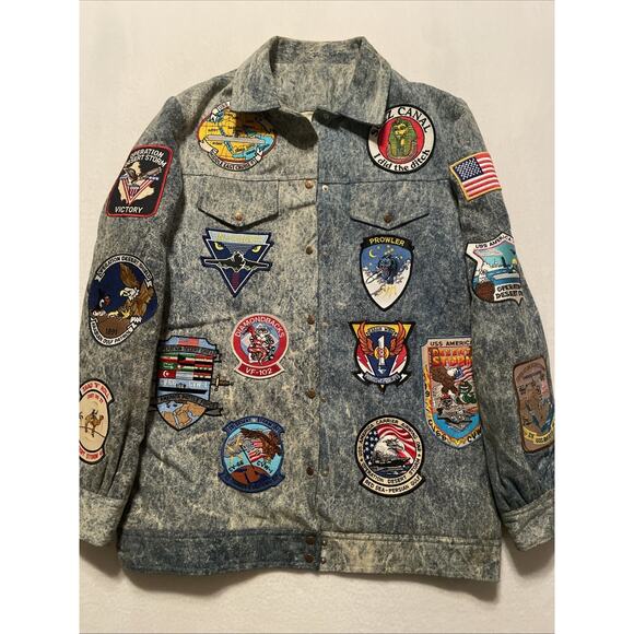 Vintage 90’s Desert Storm Custom Bomber Denim Jean Jacket Navy Military Patches